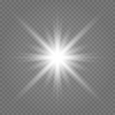Şeffaf beyaz arka planda izole edilmiş parlayan yıldızlar. Yıldızların parlaması, güzel güneş parlaması. Vektör illüstrasyonu.