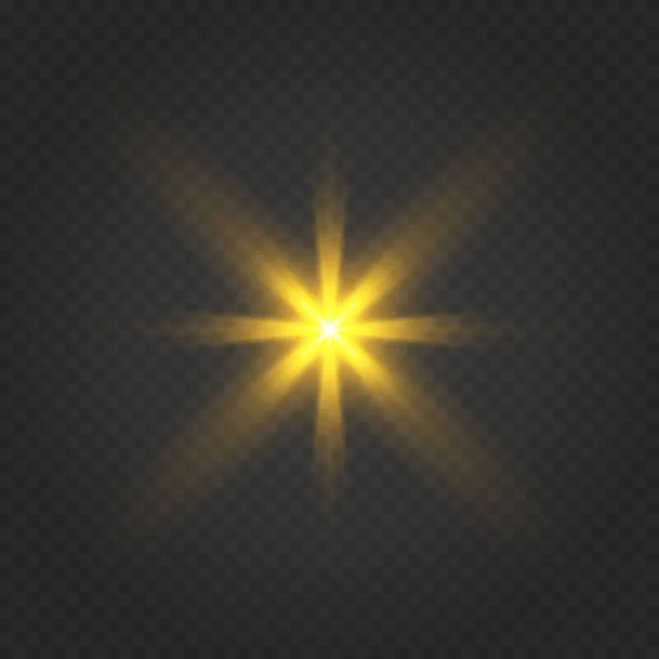 배경에는 황금빛별들이 반짝이고 있었습니다 플레어 빛나는 아름다운 황금빛 광선들 일러스트 — 스톡 벡터