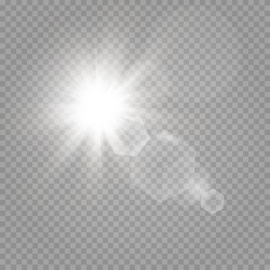 Şeffaf beyaz arka planda izole edilmiş parlayan yıldızlar. Yıldızların parlaması, güzel güneş parlaması. Vektör illüstrasyonu.