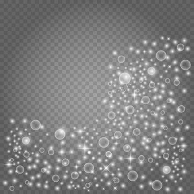 Parlak sihirli toz. Dokusal siyah bir arkaplanda. Küçük, ışıldayan toz parçacıkları ve yıldızlardan oluşan soyut bir arka plan kutlaması. Sihir efektli vektör illüstrasyonu.