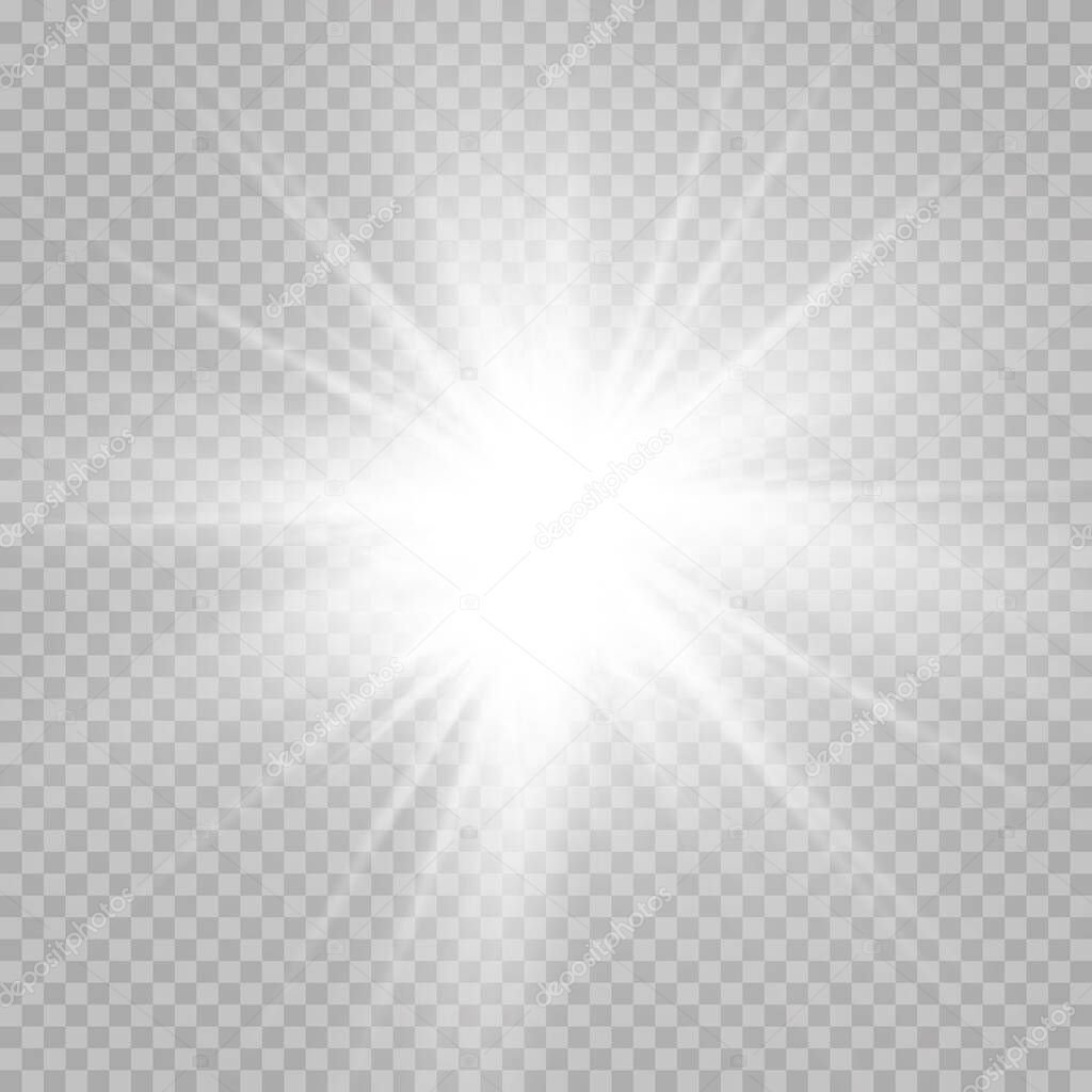 Shining stars isolated on a transparent white background.  The shining of stars, beautiful sun glare. Vector illustration.