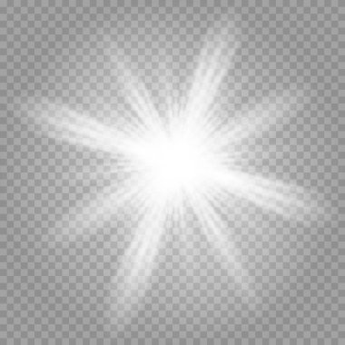 Şeffaf beyaz arka planda izole edilmiş parlayan yıldızlar. Yıldızların parlaması, güzel güneş parlaması. Vektör illüstrasyonu.