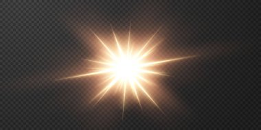 Güneş gerçekçi bir parıltıyla parlayan parlak bir ışık. Şeffaf siyah arkaplanda ışık yıldızı.