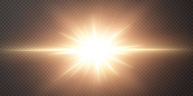 Güneş gerçekçi bir parıltıyla parlayan parlak bir ışık. Şeffaf siyah arkaplanda ışık yıldızı.