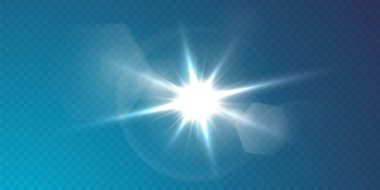 Güneş gerçekçi bir parıltıyla parlayan parlak bir ışık. Şeffaf siyah arkaplanda ışık yıldızı.