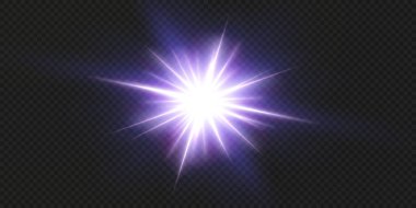 Güneş gerçekçi bir parıltıyla parlayan parlak bir ışık. Şeffaf siyah arkaplanda ışık yıldızı.