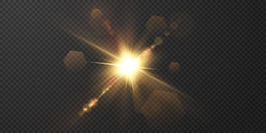 Güneş gerçekçi bir parıltıyla parlayan parlak bir ışık. Şeffaf siyah arkaplanda ışık yıldızı.