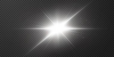 Şeffaf beyaz arka planda izole edilmiş parlayan yıldızlar. Efektler, parlaklık, parlaklık, patlama, beyaz ışık, ayarlandı. Yıldızların parlaması, güzel güneş parlaması. Vektör illüstrasyonu.