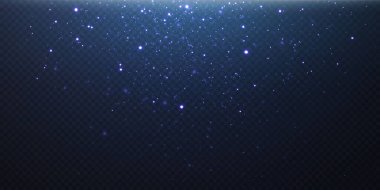 Noel altın konfeti yıldızları yağıyor. Parlayan yıldızlar, uzayın ışık noktalarının yansıması arasında gece gökyüzünde uçuyor. Tatil vektör geçmişi. sihirli parlama.