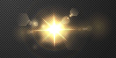 Güneş, gerçekçi bir parıltıyla ışıldıyor. Şeffaf siyah arkaplanda ışık yıldızı.