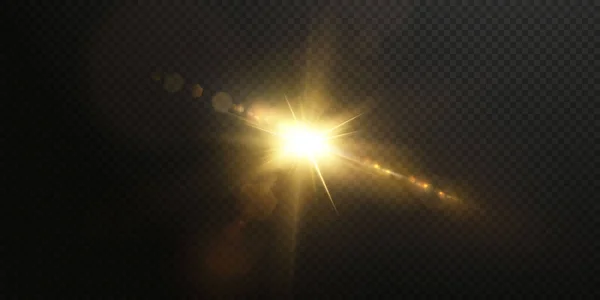 太阳闪烁着明亮的光芒 闪着现实的光芒 在透明的黑色背景上的明亮恒星 — 图库矢量图片