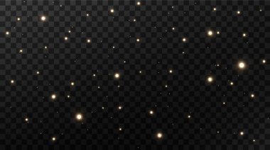 Noel altın konfeti yıldızları yağıyor. Parlayan yıldızlar, uzayın ışık noktalarının yansıması arasında gece gökyüzünde uçuyor. Tatil vektör geçmişi. sihirli parlama.