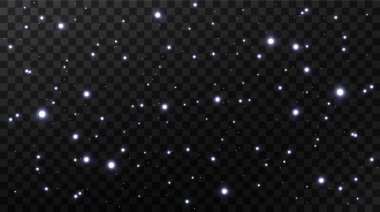 Parlak sihirli toz. Beyaz ve siyah bir arka planda. Işık ve gümüş parıldayan toz parçacıkları ve yıldızların soyut arka planının kutlanması. Sihirli efekt. Festivalsel vektör illüstrasyonu.