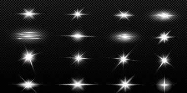 Güneş gerçekçi bir parıltıyla parlayan parlak bir ışık. Şeffaf siyah arkaplanda ışık yıldızı.