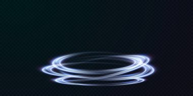 Bir spiral içinde dönen soyut vektör ışık çizgileri. Çizgi hareketinin hafif simülasyonu. Ringden hafif bir iz. Promosyon ürünleri için aydınlatılmış podyum.
