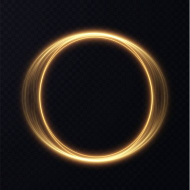 Altın ışık çizgisinin soyut vektör ışık efekti. Hareketli ışık çizgileri daire şeklinde hareket ediyor. Reklam broşürleri, afişler ve malzemeler için ışıklandırma ekipmanları.