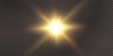 Güneş, gerçekçi bir parıltıyla ışıldıyor. Şeffaf siyah arkaplanda ışık yıldızı.