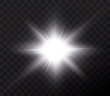 Güneş gerçekçi bir parıltıyla parlayan parlak bir ışık. Şeffaf siyah arkaplanda ışık yıldızı.
