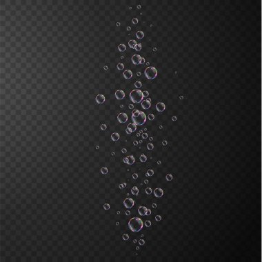 Gerçekçi sabun köpükleri koleksiyonu. Kabarcıklar şeffaf bir arkaplanda yer alır. Vektör uçan sabun köpükleri