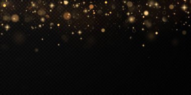 Noel altın konfeti yıldızları yağıyor. Parlayan yıldızlar, uzayın ışık noktalarının yansıması arasında gece gökyüzünde uçuyor. Tatil vektör geçmişi. sihirli parlama.