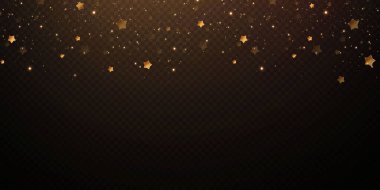 Noel altın konfeti yıldızları yağıyor. Parlayan yıldızlar, uzayın ışık noktalarının yansıması arasında gece gökyüzünde uçuyor. Tatil vektör geçmişi. sihirli parlama.