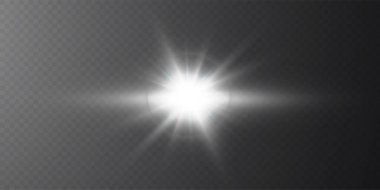 Güneş gerçekçi bir parıltıyla parlayan parlak bir ışık. Şeffaf siyah arkaplanda ışık yıldızı.