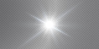 Güneş gerçekçi bir parıltıyla parlayan parlak bir ışık. Şeffaf siyah arkaplanda ışık yıldızı.
