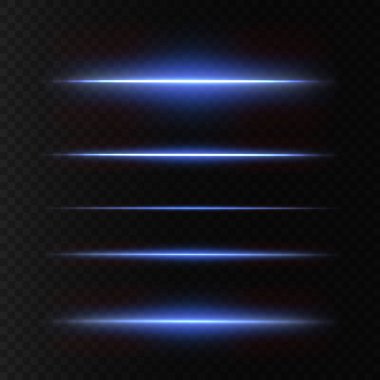 Vektör neon ışık setlerinin etkilerini tanıtmak. Parlak mavi soyut çizgi. Şeffaf mercek parlamasına uygun. Parlak ışık oyun tasarımı, afişler, posterler için kullanılabilir.