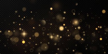 Noel altın konfeti yıldızları yağıyor. Parlayan yıldızlar, uzayın ışık noktalarının yansıması arasında gece gökyüzünde uçuyor. Tatil vektör geçmişi. sihirli parlama.