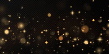 Noel altın konfeti yıldızları yağıyor. Parlayan yıldızlar, uzayın ışık noktalarının yansıması arasında gece gökyüzünde uçuyor. Tatil vektör geçmişi. sihirli parlama.