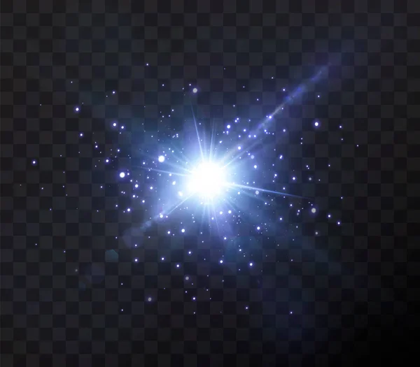 輝くネオン星は黒い背景に孤立しています レンズフレア ネオンライト セット 輝く星 美しい青い光線 ベクターイラスト — ストックベクタ