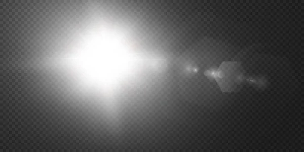 Zon Schijnt Felle Lichtstralen Met Realistische Schittering Lichtster Een Transparante — Stockvector
