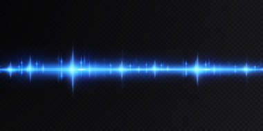 Neon ve mavi ışık demetleri. Aydınlatılmış yatay neon lazer. Şeffaf bir arkaplanda izole edilmiş tasarım için ışık şeffaf gerçekçi ışınların toplanması. Yatay optik mercek patlaması. Vektör illüstrasyonu.