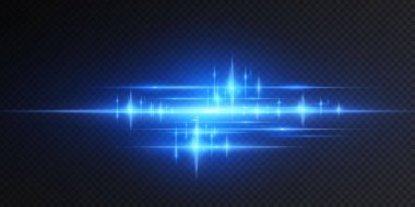 Neon ve mavi ışık demetleri. Aydınlatılmış yatay neon lazer. Şeffaf bir arkaplanda izole edilmiş tasarım için ışık şeffaf gerçekçi ışınların toplanması. Yatay optik mercek patlaması. Vektör illüstrasyonu.