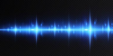 Neon ve mavi ışık demetleri. Aydınlatılmış yatay neon lazer. Şeffaf bir arkaplanda izole edilmiş tasarım için ışık şeffaf gerçekçi ışınların toplanması. Yatay optik mercek patlaması. Vektör illüstrasyonu.