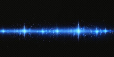 Neon ve mavi ışık demetleri. Aydınlatılmış yatay neon lazer. Şeffaf bir arkaplanda izole edilmiş tasarım için ışık şeffaf gerçekçi ışınların toplanması. Yatay optik mercek patlaması. Vektör illüstrasyonu.