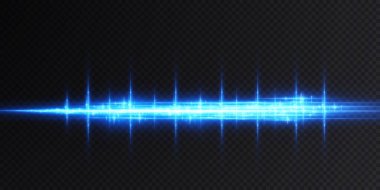 Neon ve mavi ışık demetleri. Aydınlatılmış yatay neon lazer. Şeffaf bir arkaplanda izole edilmiş tasarım için ışık şeffaf gerçekçi ışınların toplanması. Yatay optik mercek patlaması. Vektör illüstrasyonu.