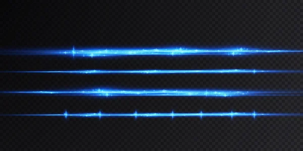 ネオンと青の光のビーム 照明付き水平ネオンレーザー 透明な背景に隔離された設計のための光透明現実的な光線のコレクション 水平光学レンズフレア ベクターイラスト — ストックベクタ