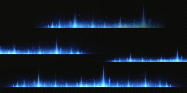 Neon ve mavi ışık demetleri. Aydınlatılmış yatay neon lazer. Şeffaf bir arkaplanda izole edilmiş tasarım için ışık şeffaf gerçekçi ışınların toplanması. Yatay optik mercek patlaması. Vektör illüstrasyonu.