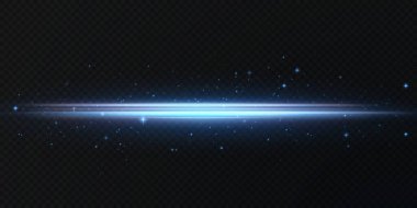 Neon ve mavi ışık demetleri. Aydınlatılmış yatay neon lazer. Şeffaf bir arkaplanda izole edilmiş tasarım için ışık şeffaf gerçekçi ışınların toplanması. Yatay optik mercek patlaması. Vektör illüstrasyonu.