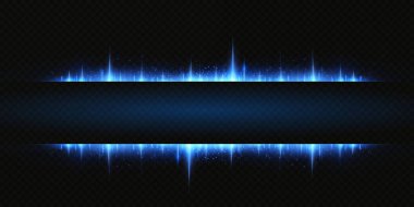 Neon ve mavi ışık demetleri. Aydınlatılmış yatay neon lazer. Şeffaf bir arkaplanda izole edilmiş tasarım için ışık şeffaf gerçekçi ışınların toplanması. Yatay optik mercek patlaması. Vektör illüstrasyonu.