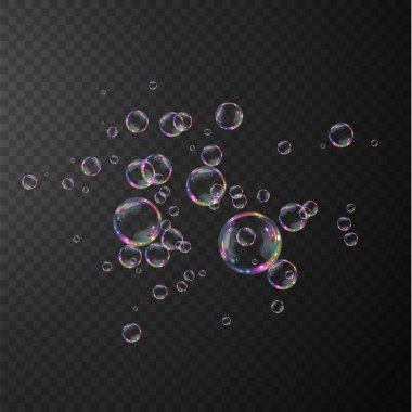 Gerçekçi sabun köpükleri koleksiyonu. Kabarcıklar şeffaf bir arkaplanda yer alır. Vektör uçan sabun köpükleri