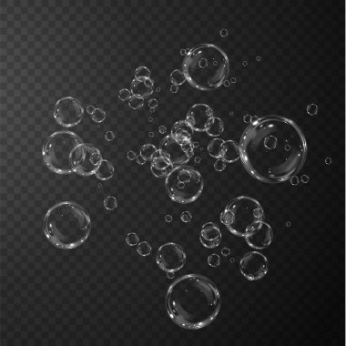 Gerçekçi sabun köpükleri koleksiyonu. Kabarcıklar şeffaf bir arkaplanda yer alır. Vektör uçan sabun köpükleri
