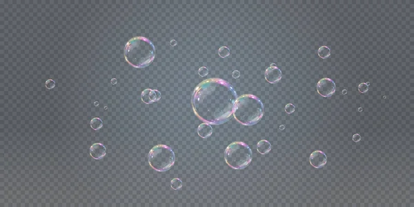 Коллекция Реалистичных Мыльных Пузырей Пузыри Расположены Прозрачном Фоне Векторные Мыльные — стоковый вектор