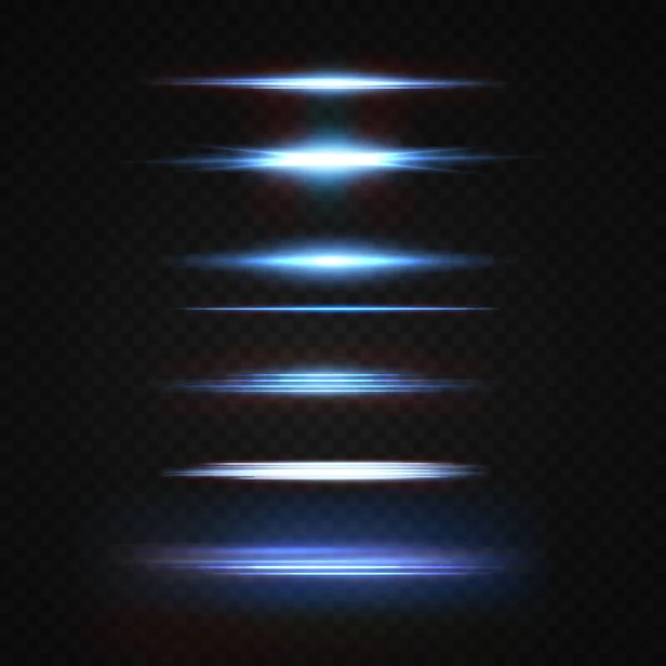 Pacote Flares Lente Horizontal Azul Raios Laser Raios Luz Horizontais —  Vetores de Stock
