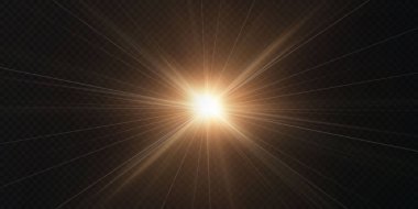 Güneş, gerçekçi bir parıltıyla ışıldıyor. Şeffaf siyah arkaplanda ışık yıldızı.