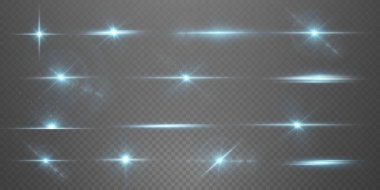 Neon ve mavi ışık demetleri. Aydınlatılmış yatay neon lazer. Şeffaf bir arkaplanda izole edilmiş tasarım için ışık şeffaf gerçekçi ışınların toplanması. Yatay optik mercek patlaması. Vektör illüstrasyonu.