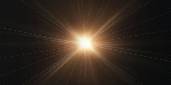 太陽は現実的なグレアで明るい光線を輝いています 透明な黒の背景のライトスター — ストックベクタ