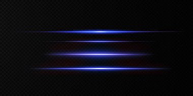 Neon ve mavi ışık demetleri. Aydınlatılmış yatay neon lazer. Şeffaf bir arkaplanda izole edilmiş tasarım için ışık şeffaf gerçekçi ışınların toplanması. Yatay optik mercek patlaması. Vektör illüstrasyonu.