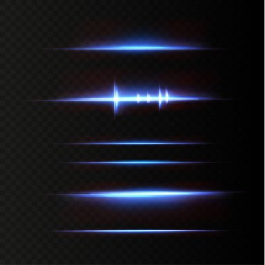 Neon ve mavi ışık demetleri. Aydınlatılmış yatay neon lazer. Şeffaf bir arkaplanda izole edilmiş tasarım için ışık şeffaf gerçekçi ışınların toplanması. Yatay optik mercek patlaması. Vektör illüstrasyonu.